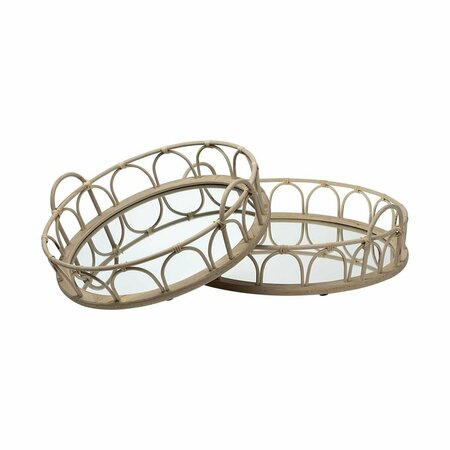 TARIFA 20 in. Natural Blonde Wood with Intricately Railings & Mirrored Glass Bottom Round Tray, 2PK TA1860947